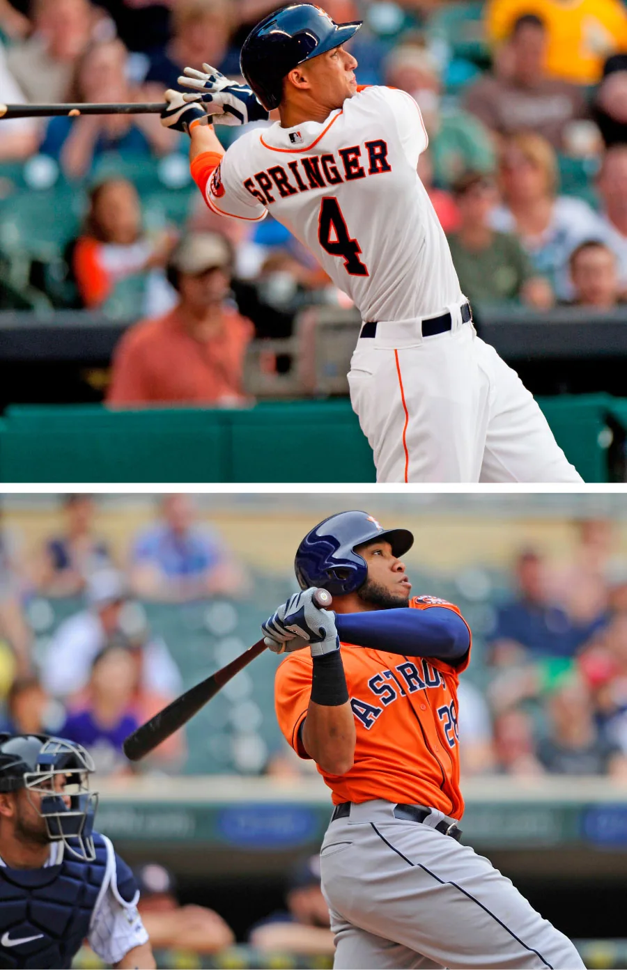 The Astros, buoyed by the promotions of such prospects as slugging outfielder Springer (top) and first baseman Singleton, went 15-14 in May, the team’s first winning month since September 2010.