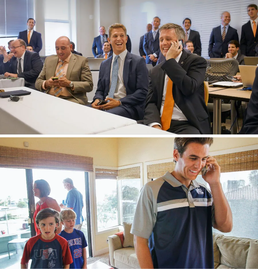 Called up. Well, not yet. But there were smiles all around when Luhnow (top, with phone) let Aiken know that he was the Astros’ first choice.