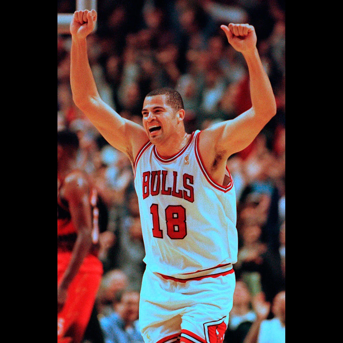 Williams celebrates after scoring a basket during the second half of the Bulls' 107-92 victory over the Atlanta Hawks in Game 5 of the 1997 Eastern Conference finals.