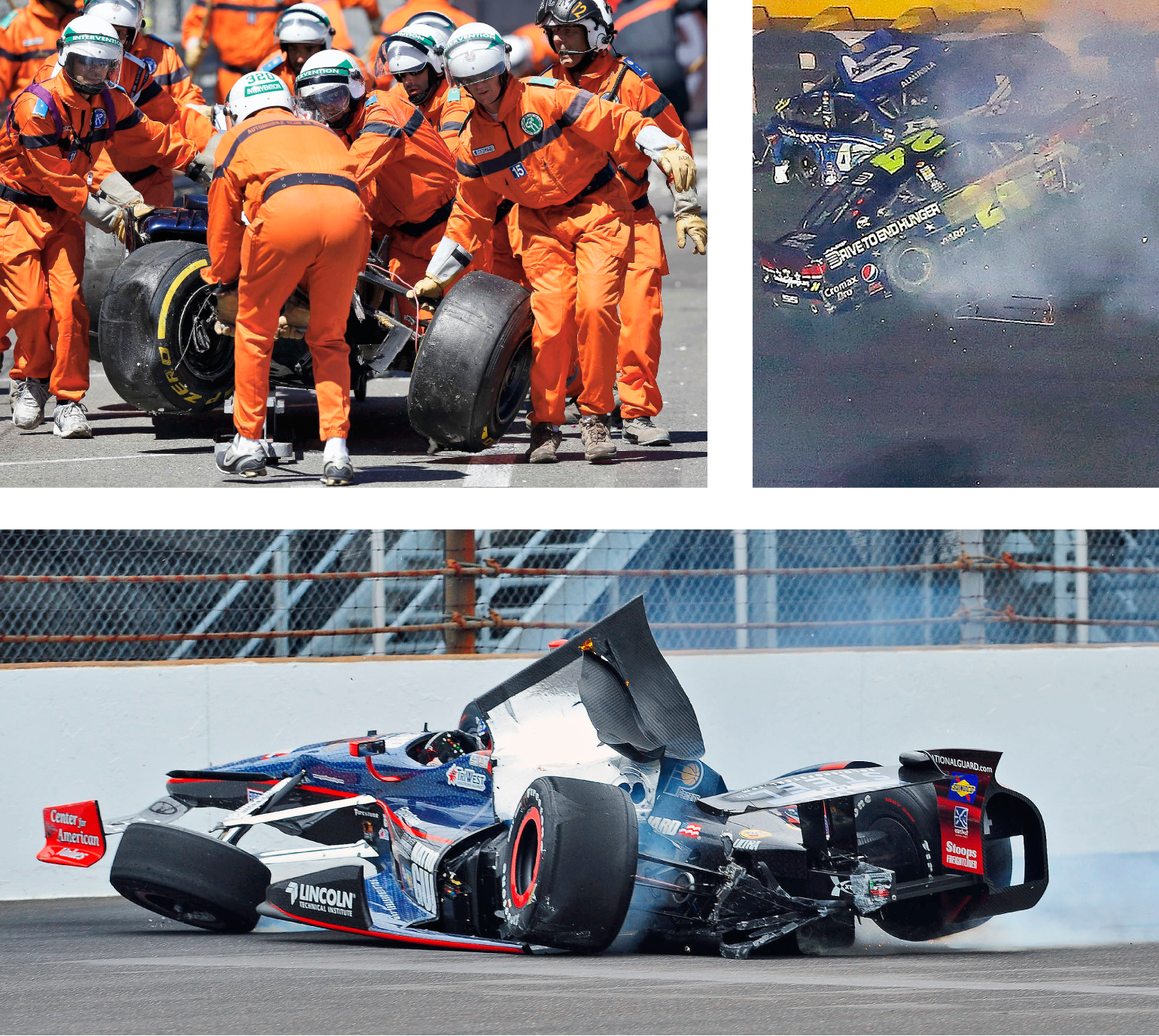 Memorial Day weekend 2013 featured spectacular crashes in Formula 1 (top left), NASCAR (top right) and at Indy (bottom). Thanks to safety innovations in big league racing, none of the drivers involved were injured.