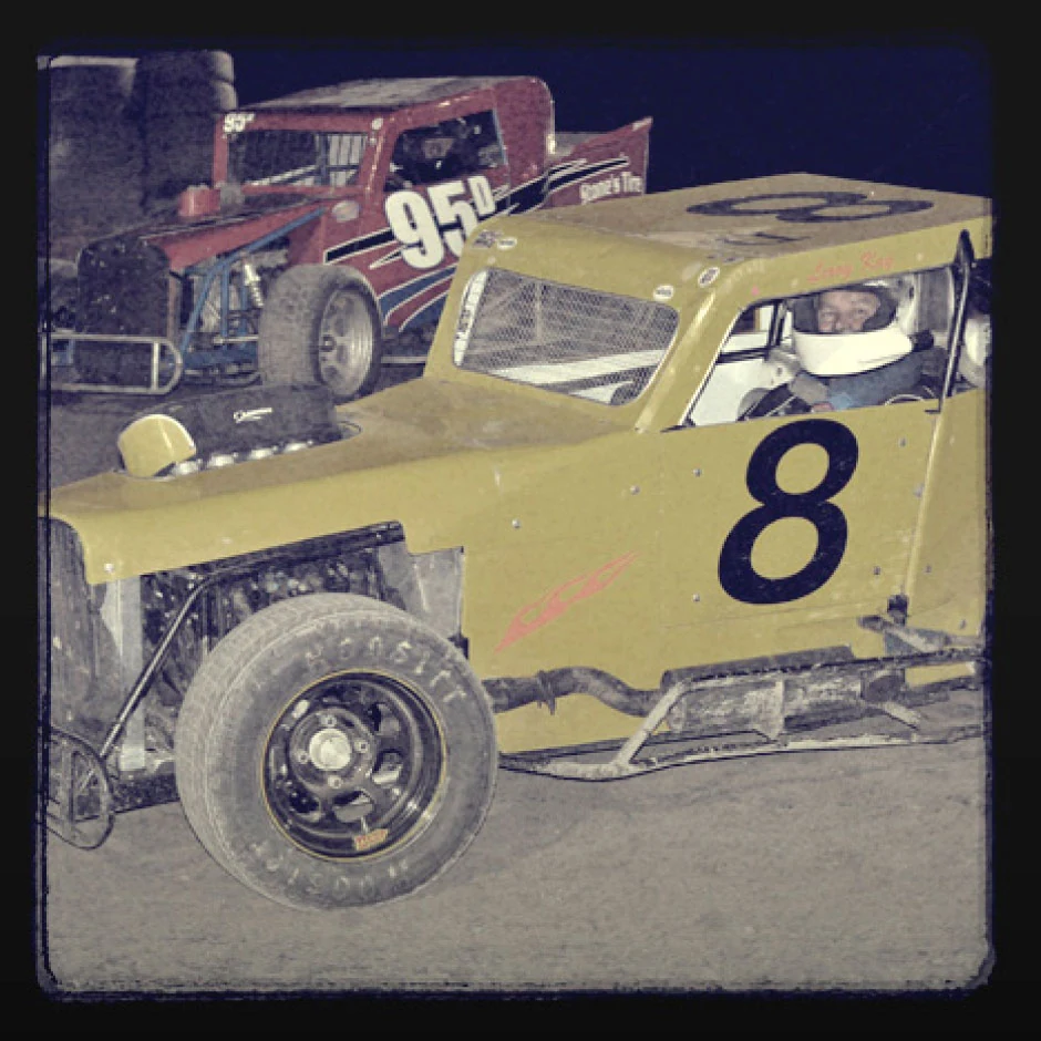 Good buddies off the track and friendly foes on it, Kay (number 8) and Richardson (95) were usually the oldest drivers in the field at Fernley Speedway. Though neither driver had ever won a main event at the track, they returned each week for the love of the competition.