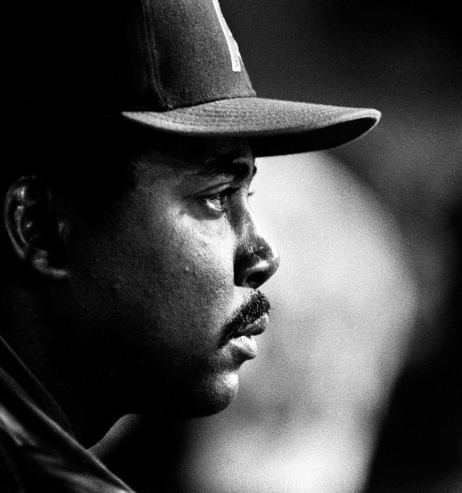 Black-and-white profile portrait of Donnie Moore wearing his Angels cap