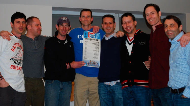 The Haverford players remain united by the streak, which began 25 years ago this fall. In January, members of the Streak team gathered back on campus to talk about how the experience shaped them in ways expected and unexpected. Pictured, from left, are Dan Greenstone, Jon Fetterolf, Duffy Ballard, Tim Ketchum, Thad Levine, Jeremy Edwards, Gabe O’Malley and Nick Cirignano.
