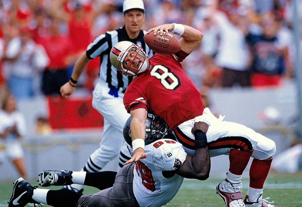 STEVE YOUNG He may have been one of the most elusive quarterbacks ever to play the game, but Young couldn’t escape the clutches of the Bucs’ Warren Sapp forever.