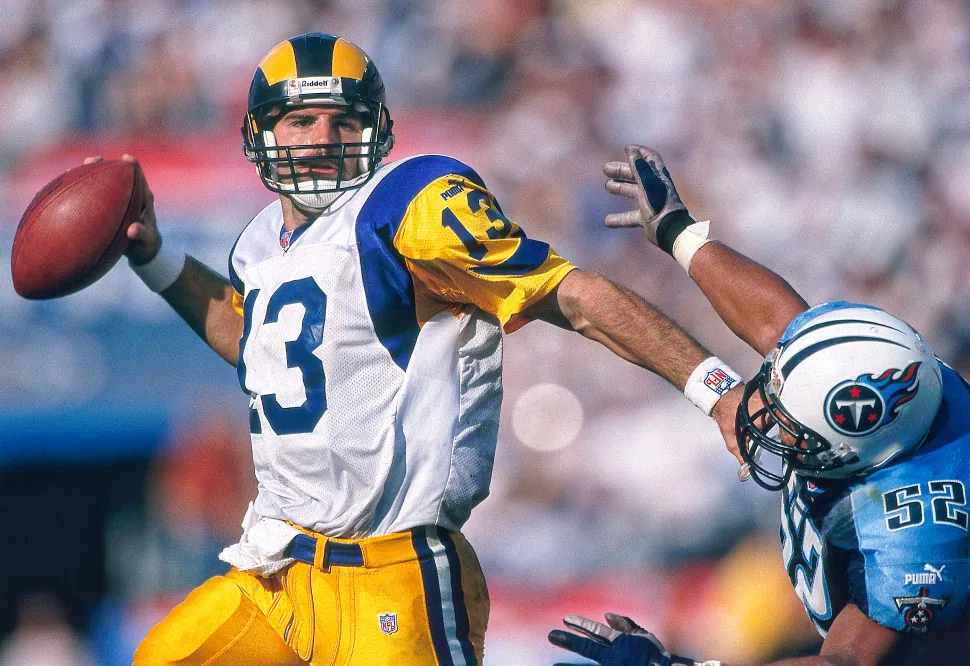 KURT WARNER An undrafted free agent, he went from the Arena League to NFL MVP with a Rams offense that would become known as the Greatest Show on Turf.