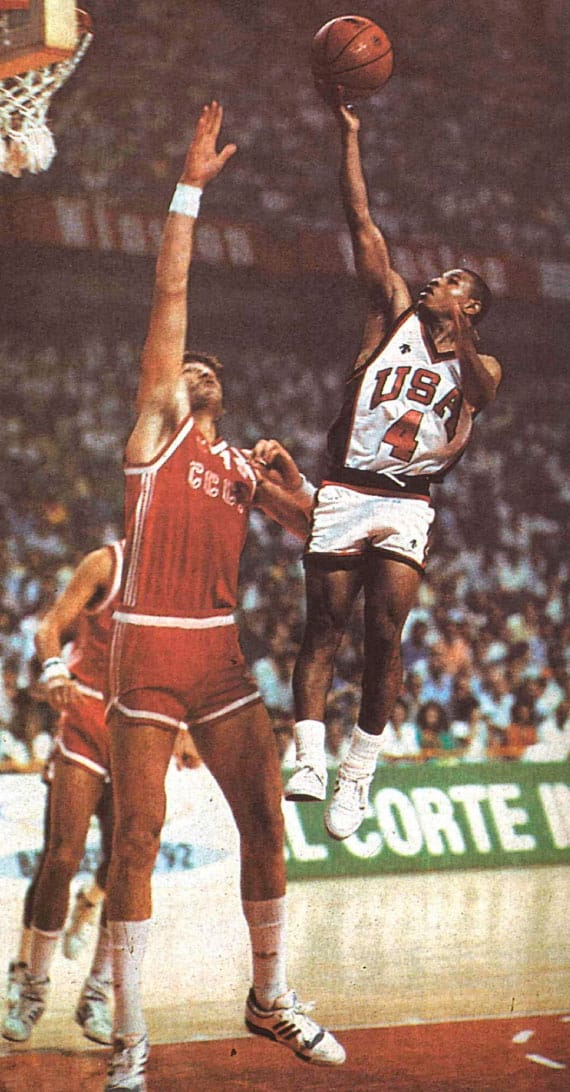 The long and short of it: Arvydas matched up with a high-flying Muggsy Bogues during the 1986 FIBA world championship final, won by the U.S., 87-85.