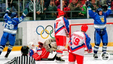 The Russians’ fourth-place finish ended with a 4–0 loss in the bronze medal game to Finland (above), to whom they had also fallen 5–0 during group play.