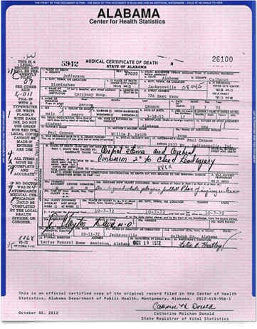 Speedy Cannon's death certificate.